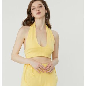 Women Cider Ribbed Low Cut Halter Cropped Top in Yellow Size Extra Large